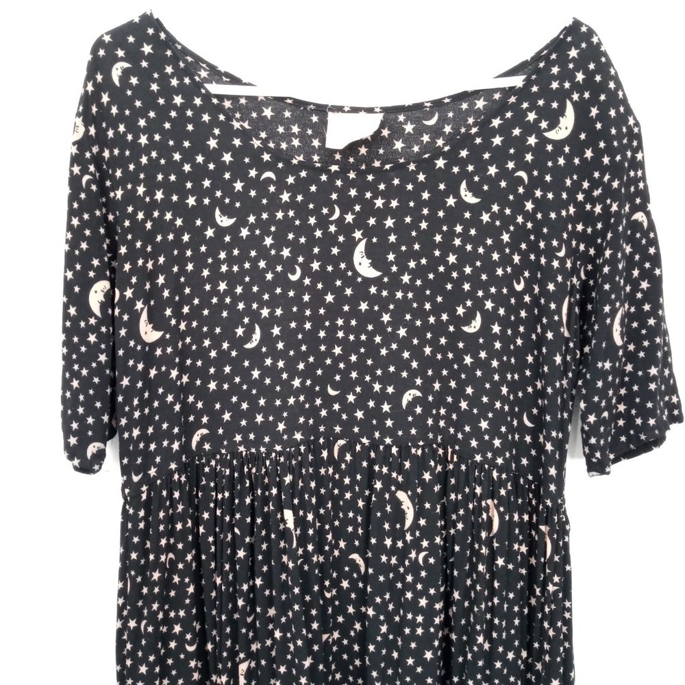 Vintage Romeo Star Moon Print Celestial Witchy Goth Boho Black Tiered Maxi Dress - Picture 3 of 14